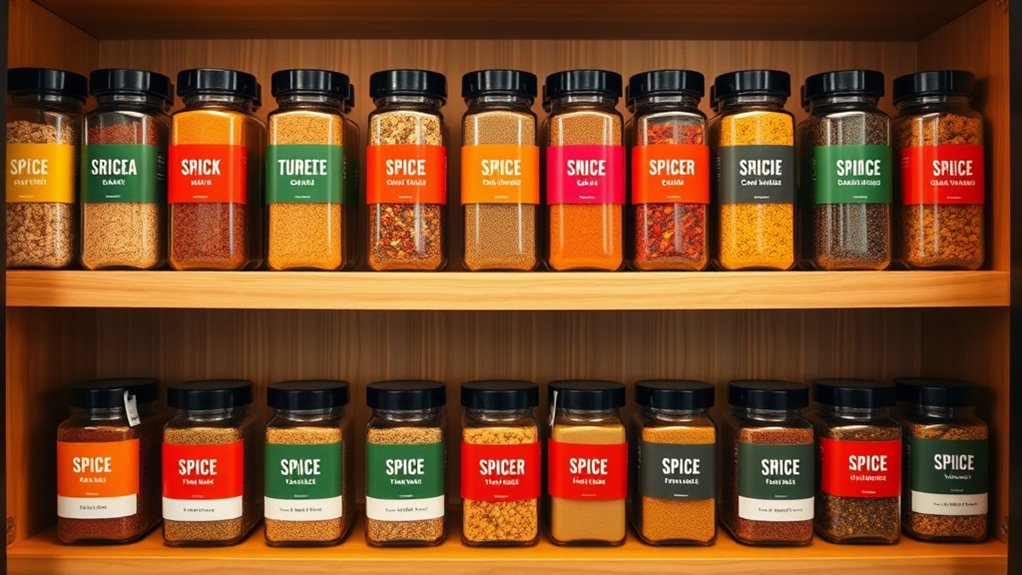 color coded labeled spice jars