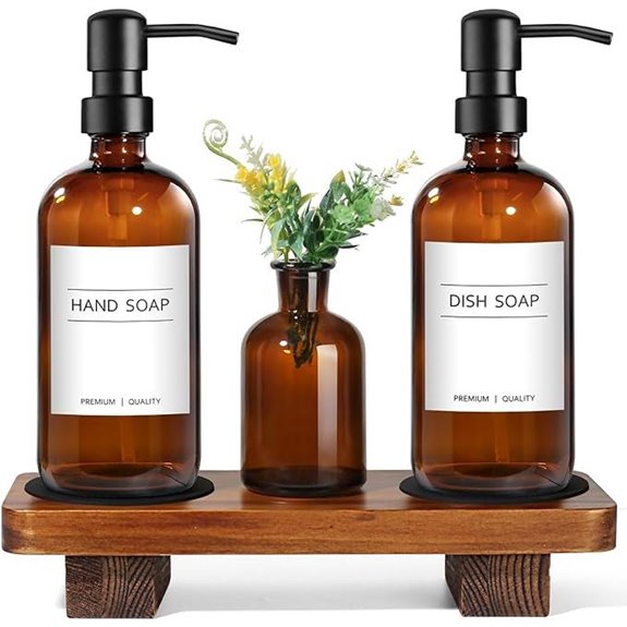 Amber Glass Soap Dispenser Set with Wood Riser