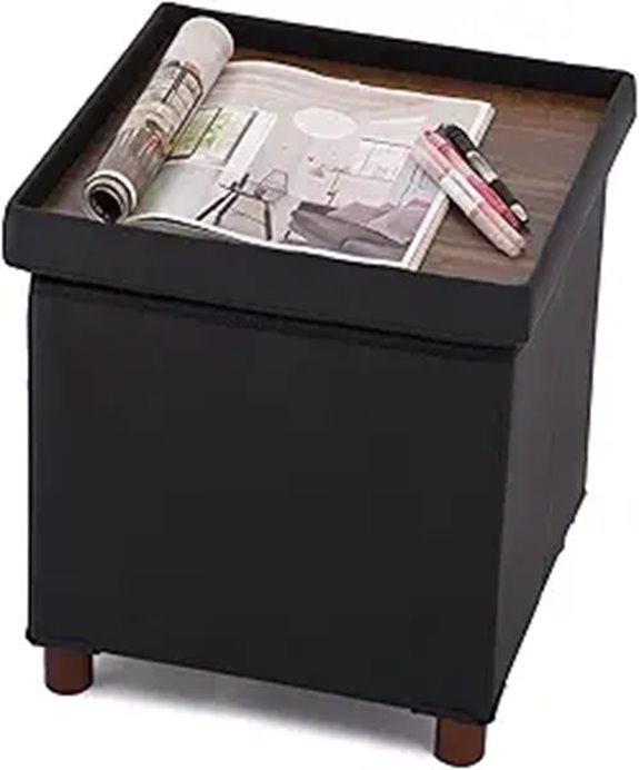 Foldable Leather Storage Ottoman with Tray 15-inch Black