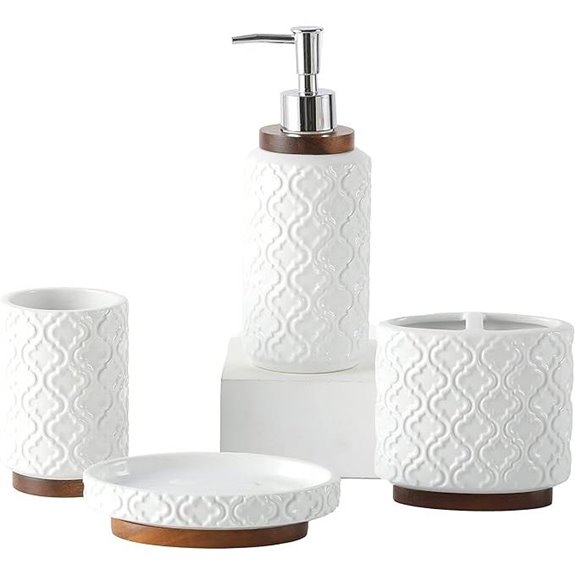 Bathroom Accessories Set - 4Pcs Ceramic & Wood Decor