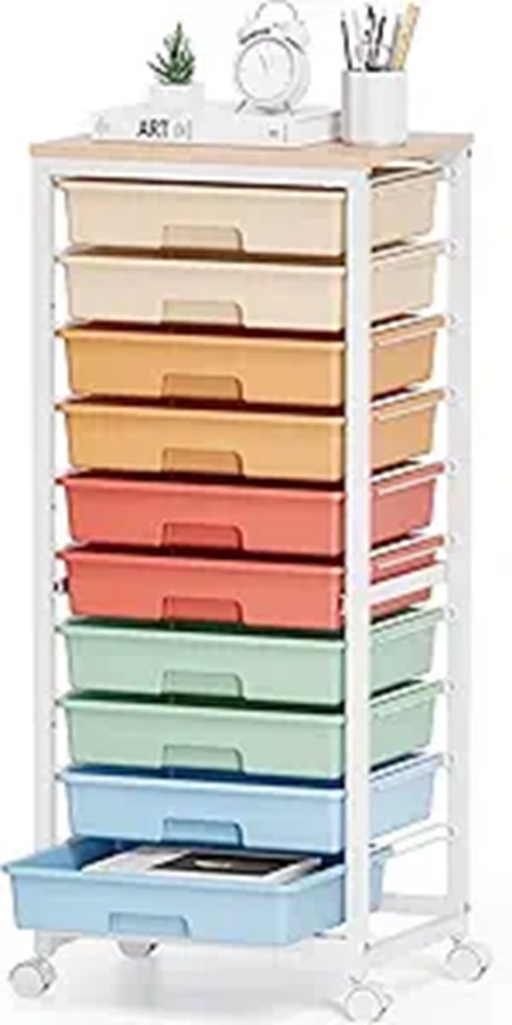 Rainbow Rolling Cart with 10 Drawers and Wooden Top