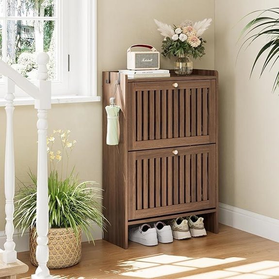 Modern Slatted Shoe Cabinet with Flip Drawers