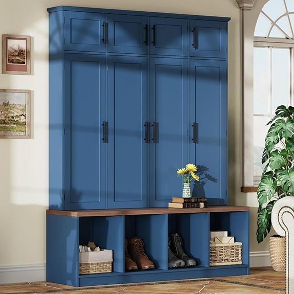Hall Tree with Bench Shoe Cabinet Hooks Doors