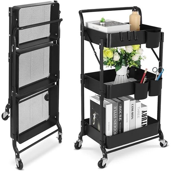 Foldable 3-Tier Metal Utility Rolling Cart