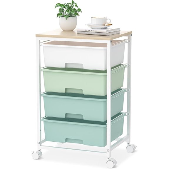 Utility Cart with 4 Drawers and Wooden Top