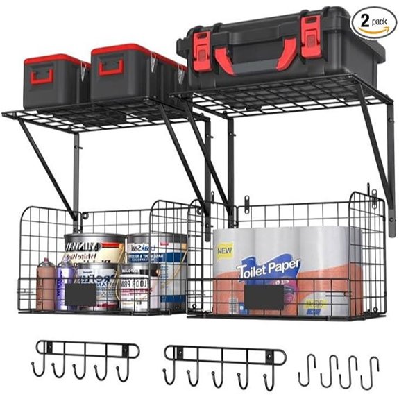 2 Pack Wall-Mounted Garage Shelves with Wire Baskets
