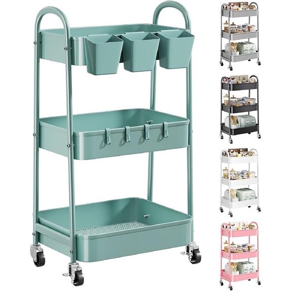 3-Tier Green Metal Rolling Cart with Lockable Wheels