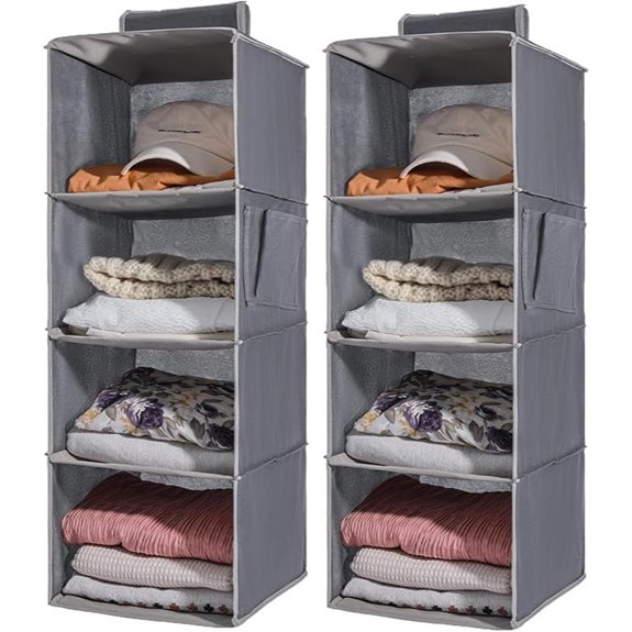 2-Pack Hanging Organizer 4-Shelf Closet Shelves With Side Pockets Grey