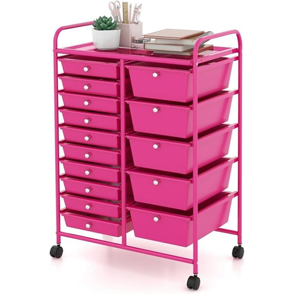 Moccha 15-Drawer Rolling Storage Cart in Hot Pink