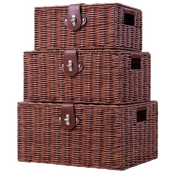 Woven Wicker Storage Baskets with Lids (Set of 3)