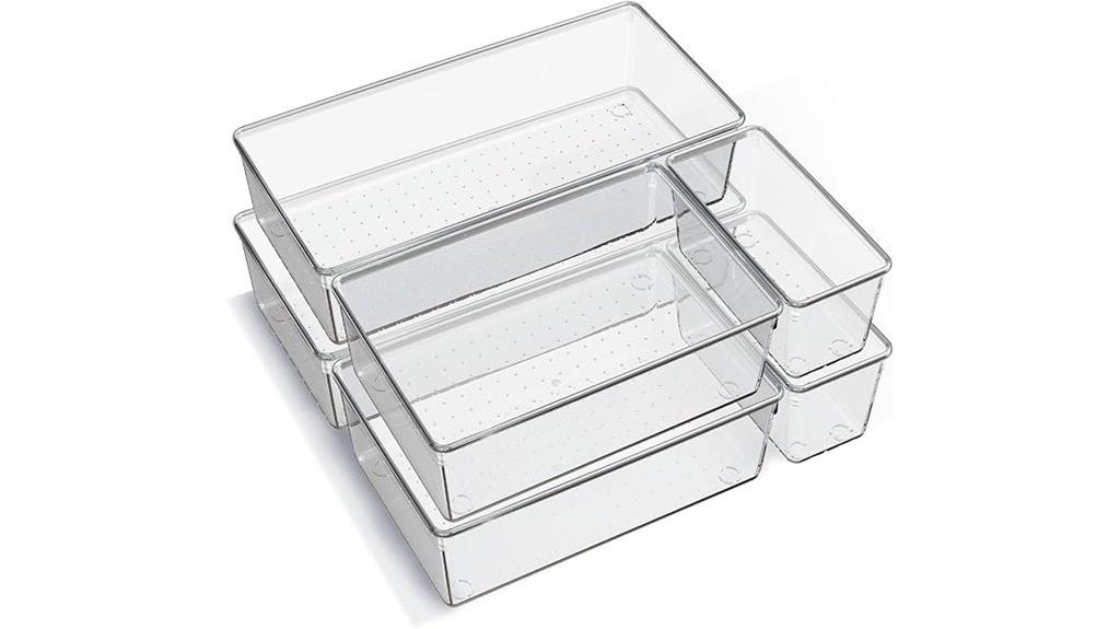 six clear drawer organizers