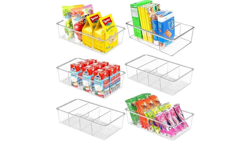 six clear storage bins