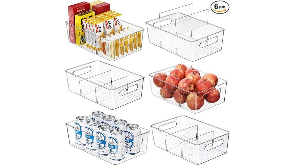 six clear storage bins