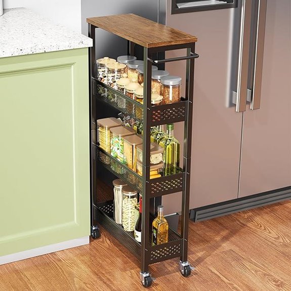 Slim 4-Tier Mobile Storage Cart with Wooden Top
