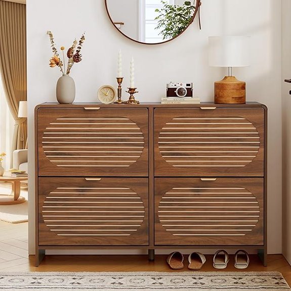 Narrow Walnut Shoe Storage Cabinet with 4 Drawers