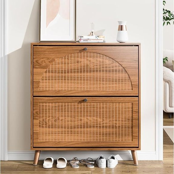 Narrow Walnut Shoe Cabinet with Flip Drawers