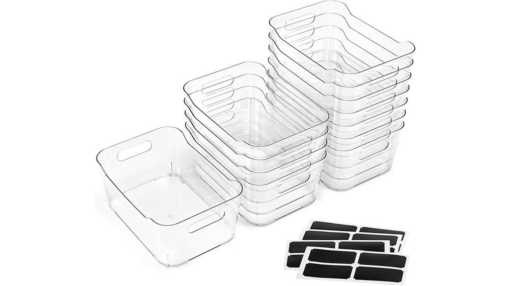 twelve clear storage bins