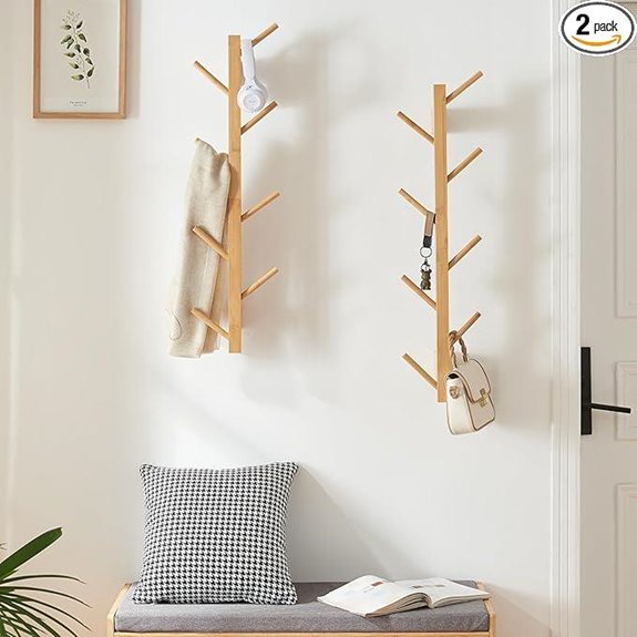 2 Pack Bamboo Wall Coat Racks with Hooks