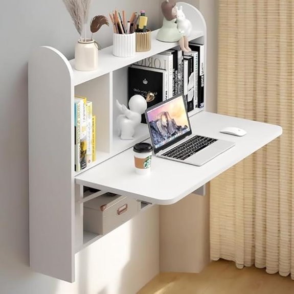 Wall Mounted Drop-Leaf Desk with Storage in White