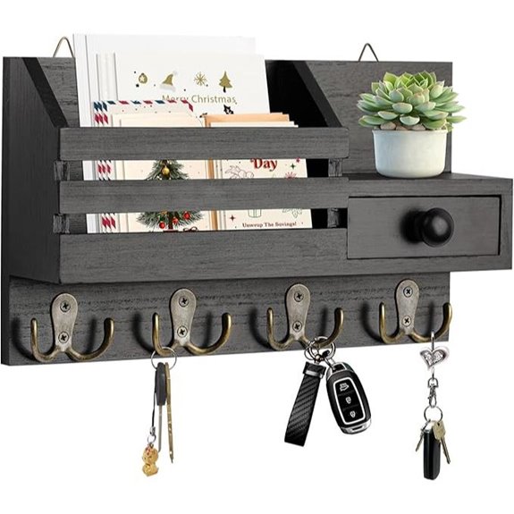 Wooden Wall Mount Key Organizer with Hooks and Drawer