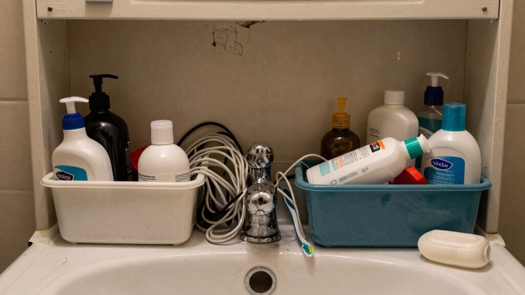 cluttered bathroom cabinet chaos